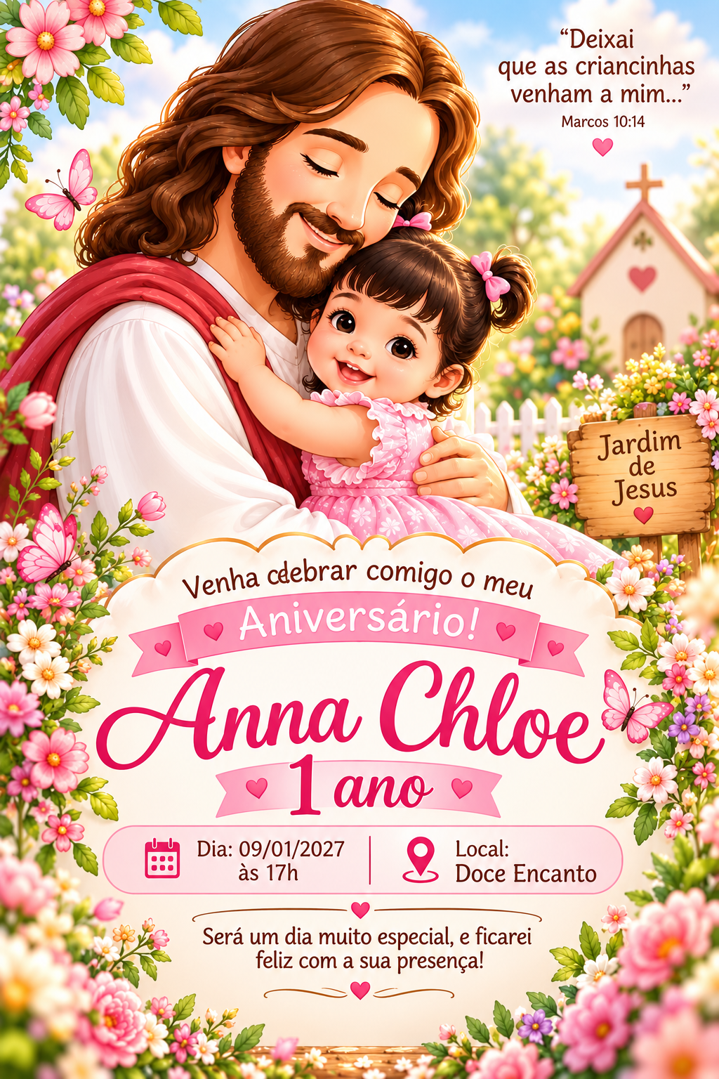 Convite de Anna Chloe, 1 ano. Dia 09 de janeiro de 2027 às 17h, local Doce Encanto. Tema Jardim de Jesus.